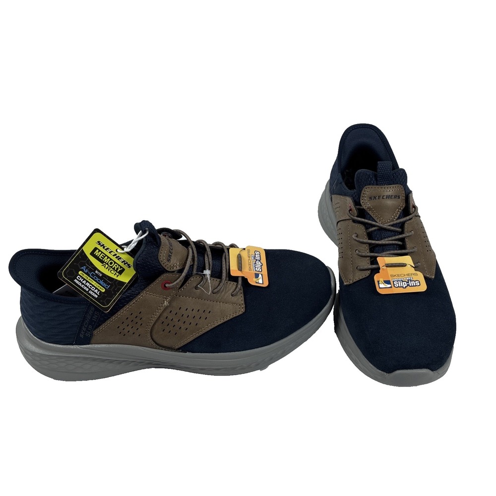 SKECHERS Slade Caster Navy/Tan Relaxed Fit Sneakers Shoes Size 8.5 New Slip Ins